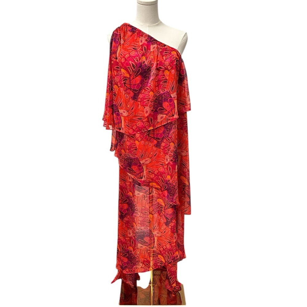 NWT MISA One-Shoulder Single Flutter Sleeve Dress Red Orange Women’s Size Small - Picture 4 of 12